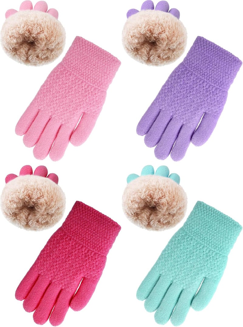 Chuarry 4 Pairs Kids Fleece Lined Gloves Winter Warm Knit Gloves for Girls Boys Cold Weather Supplies, 6-10 Years - Image 1